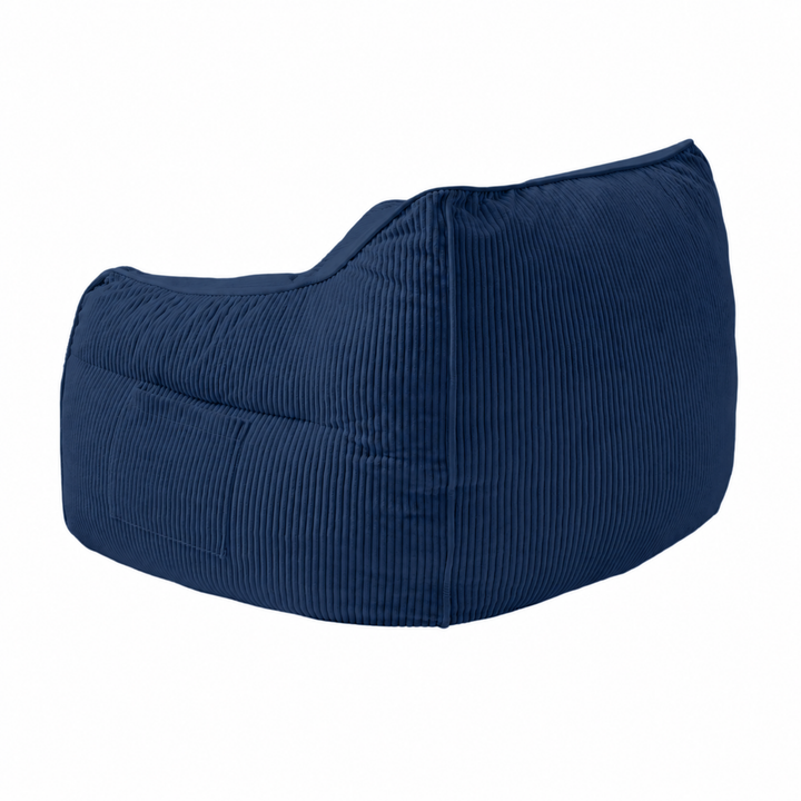 Pouf fauteuil en velours côtelé bleu foncé, vue trois-quarts