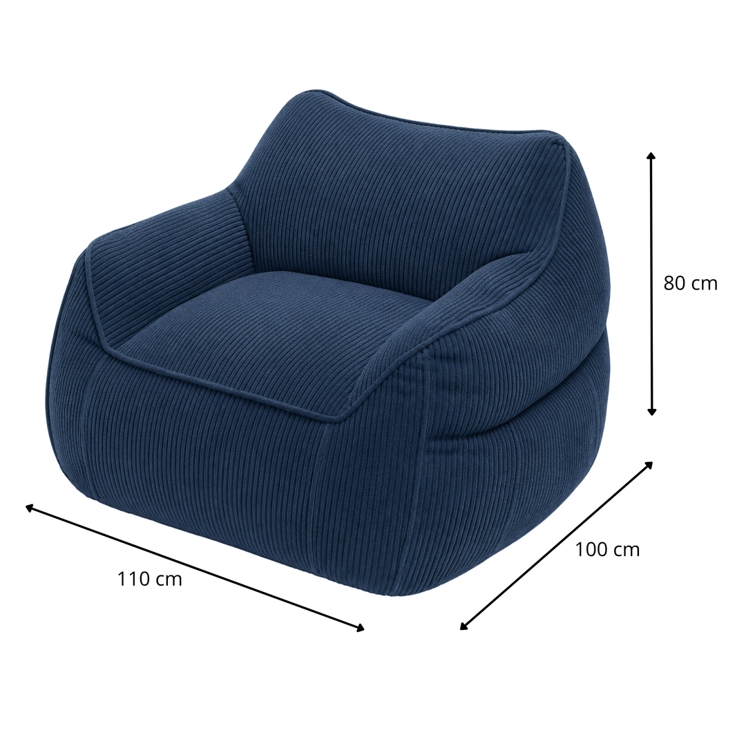Pouf fauteuil en velours côtelé bleu foncé, dimensions 100 x 110 cm, hauteur 80 cm