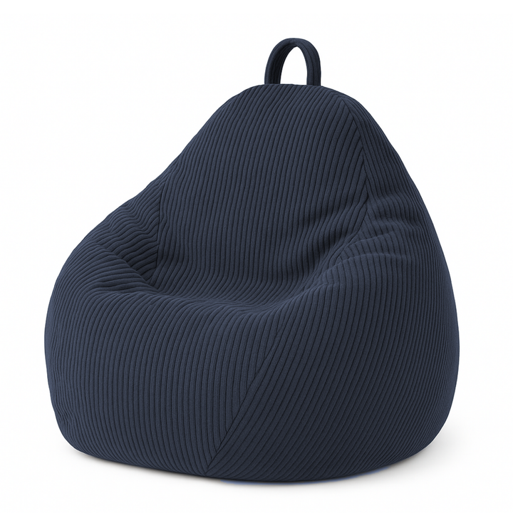 Pouf poire déhoussable en velours côtelé bleu foncé, forme poire rembourrée avec poignée