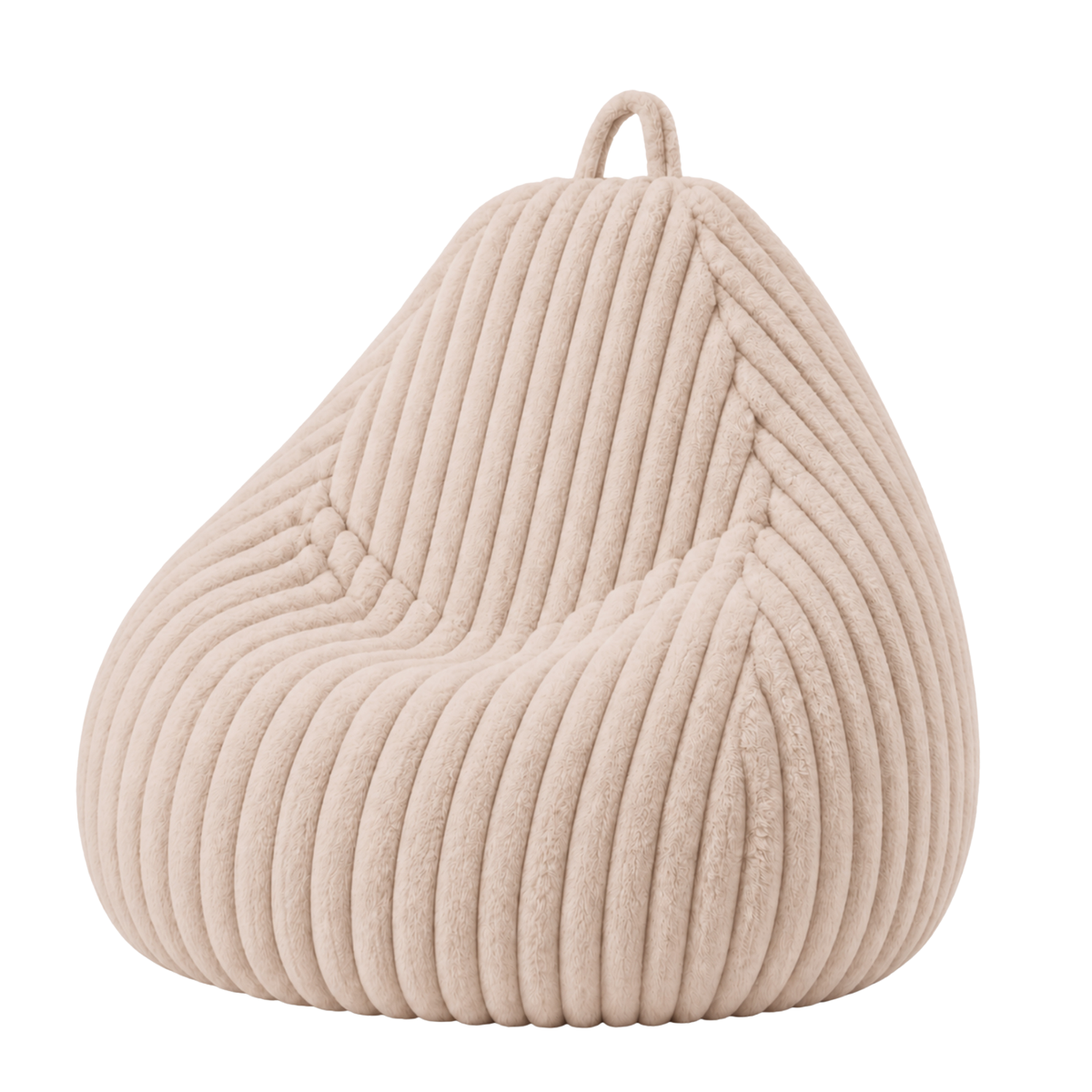 Pouf poire beige en fourrure côtelée, forme poire avec poignée