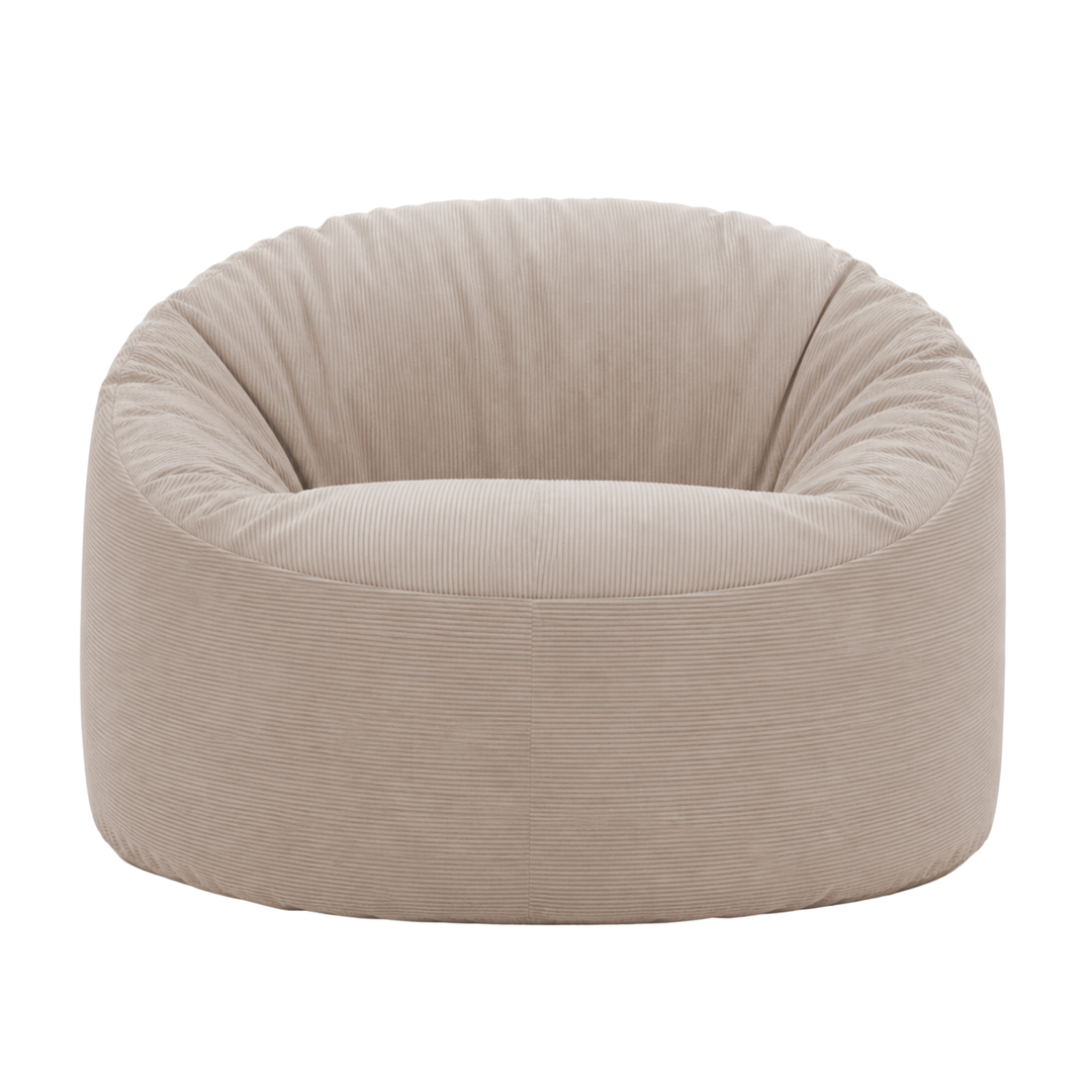 Pouf rond en velours côtelé, assise rembourrée avec dossier arrondi, vue de face