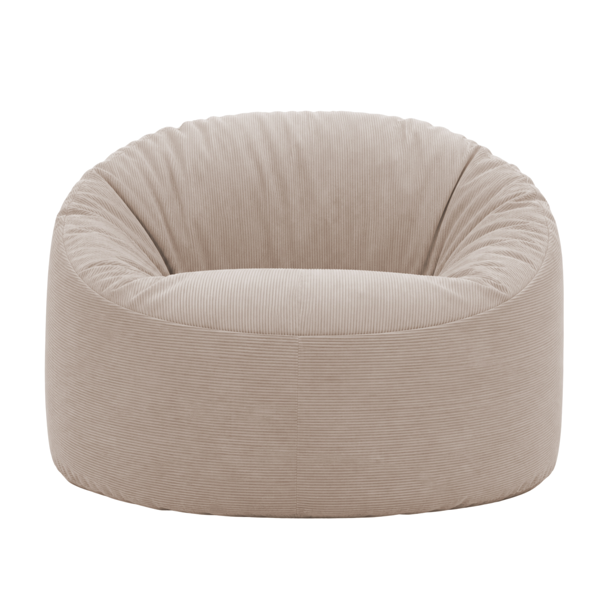 Pouf rond en velours côtelé, assise rembourrée avec dossier arrondi, vue de face
