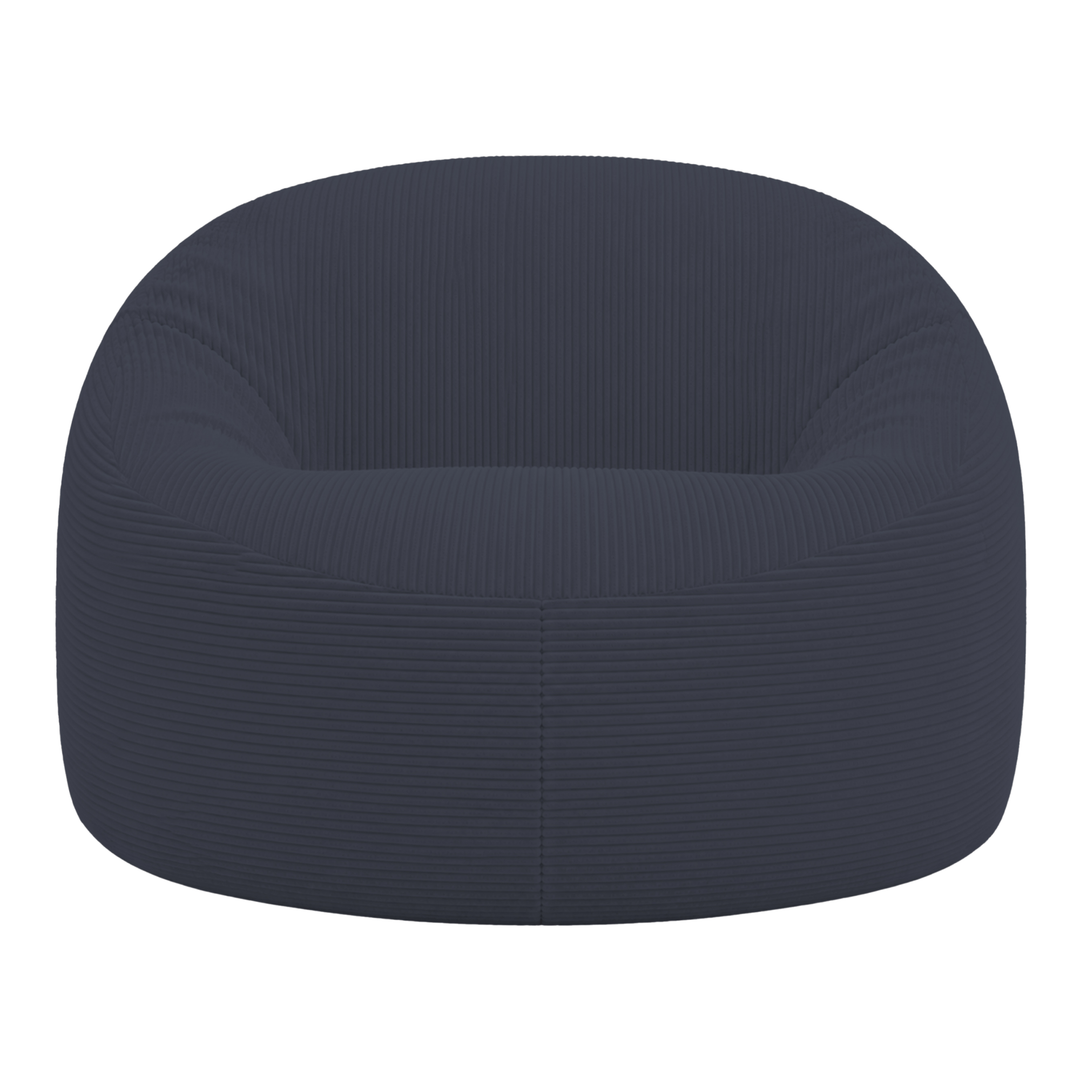 Pouf déhoussable en velours côtelé épais bleu foncé, capitonnage côtelé, assise ronde