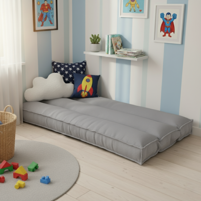 Futon déhoussable gris clair, housse velours côtelé, vue latérale sur le bord cousu
