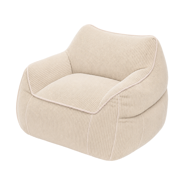 Pouf fauteuil velours côtelé beige, design arrondi avec accoudoirs et coussins