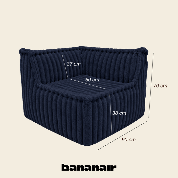 Module d’angle de canapé modulable déhoussable bleu foncé en fourrure côtelée, dimensions indiquées 90x90 cm 