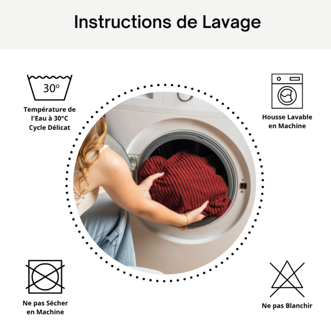 Instructions de lavage pour housse: 30°C, cycle délicat, lavage en machine, ne pas blanchir.