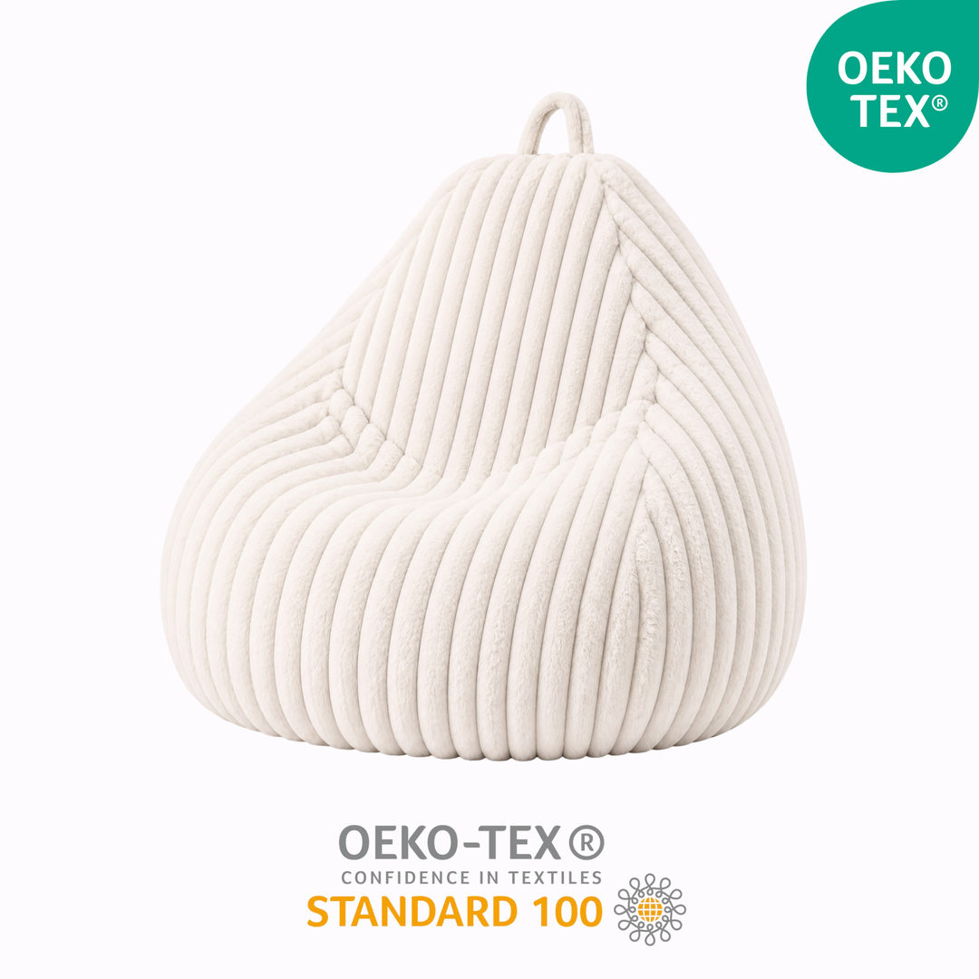 Pouf poire déhoussable en fourrure côtelée, marquage OEKO-TEX Standard.