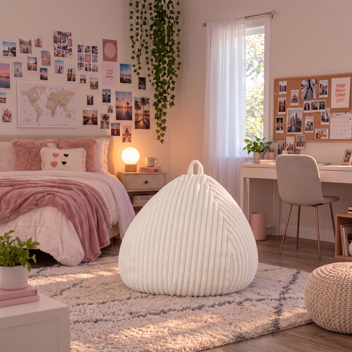Pouf poire en fourrure côtelée posé au sol dans un intérieur