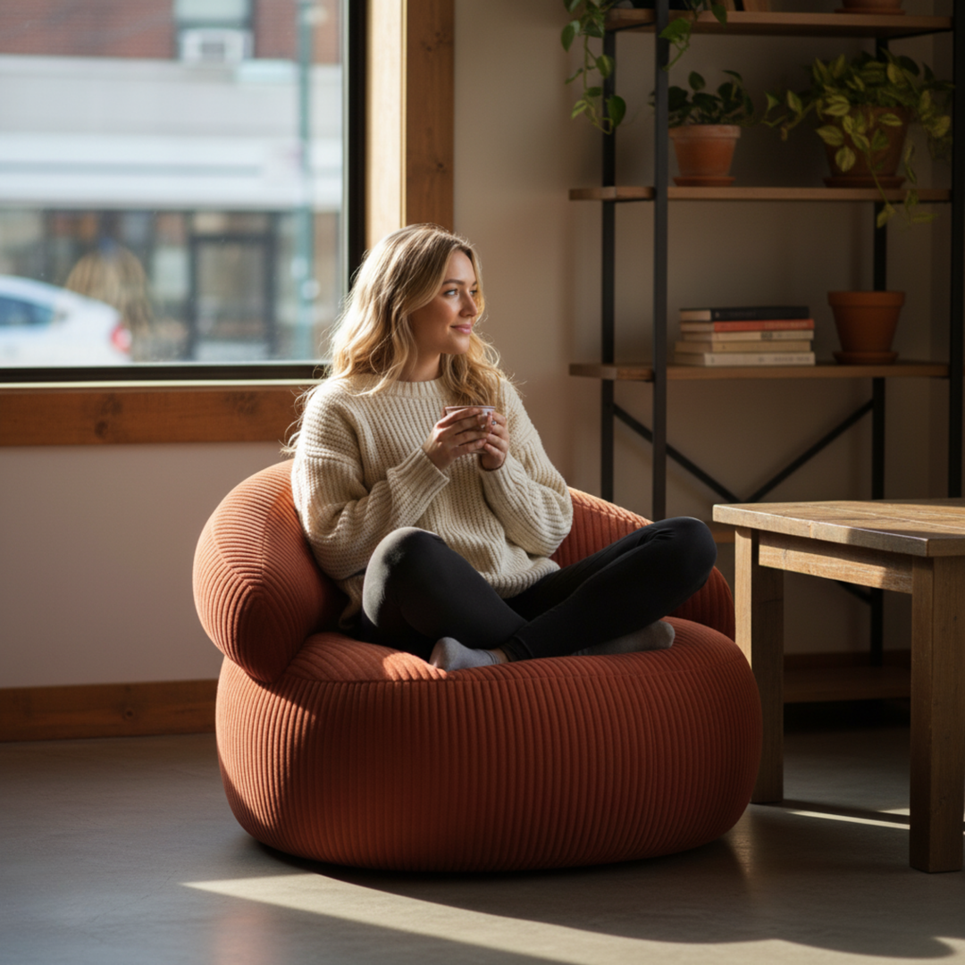 Personne assise sur un pouf XXL en velours côtelé, dans un salon