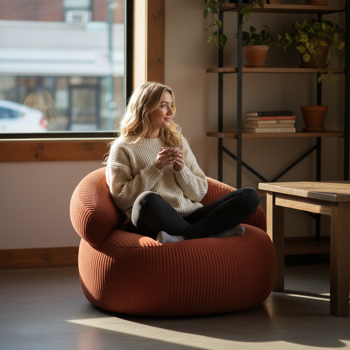 Personne assise sur un pouf XXL en velours côtelé, dans un salon