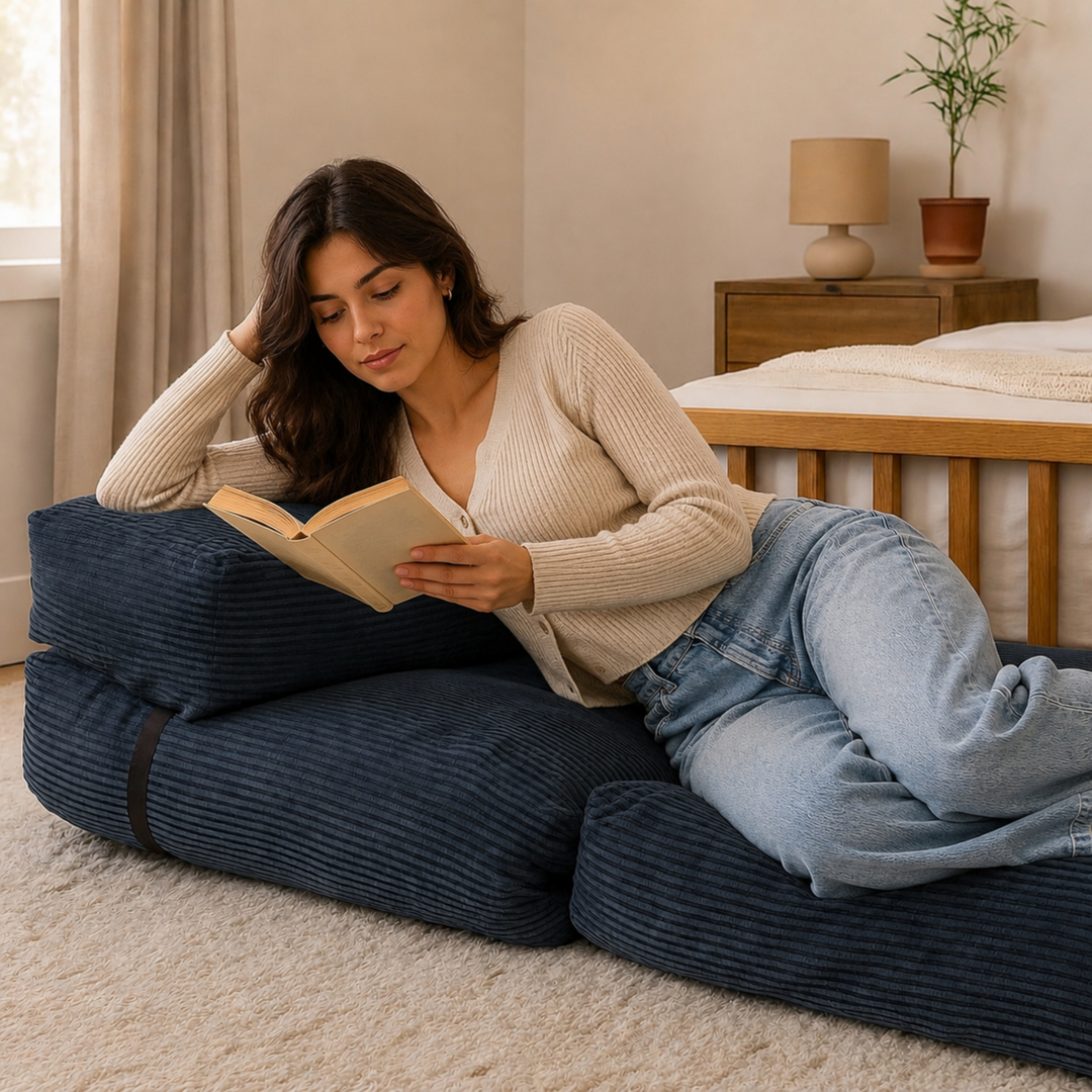 Femme sur une chauffeuse 1 place bleu foncé côtelé, position allongée avec coussin d’appui.