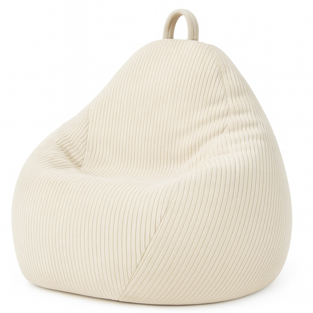 Pouf poire déhoussable en velours côtelé blanc cassé, forme poire rembourrée avec poignée