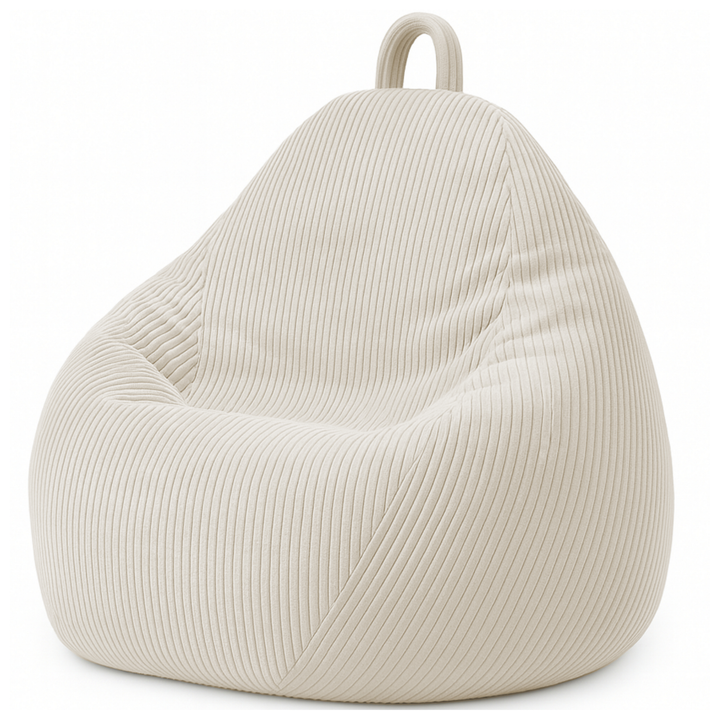 Pouf poire déhoussable en velours côtelé beige, forme poire rembourrée avec poignée