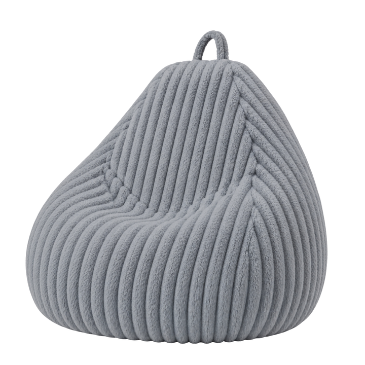 Pouf poire gris en fourrure côtelée, forme poire avec poignée