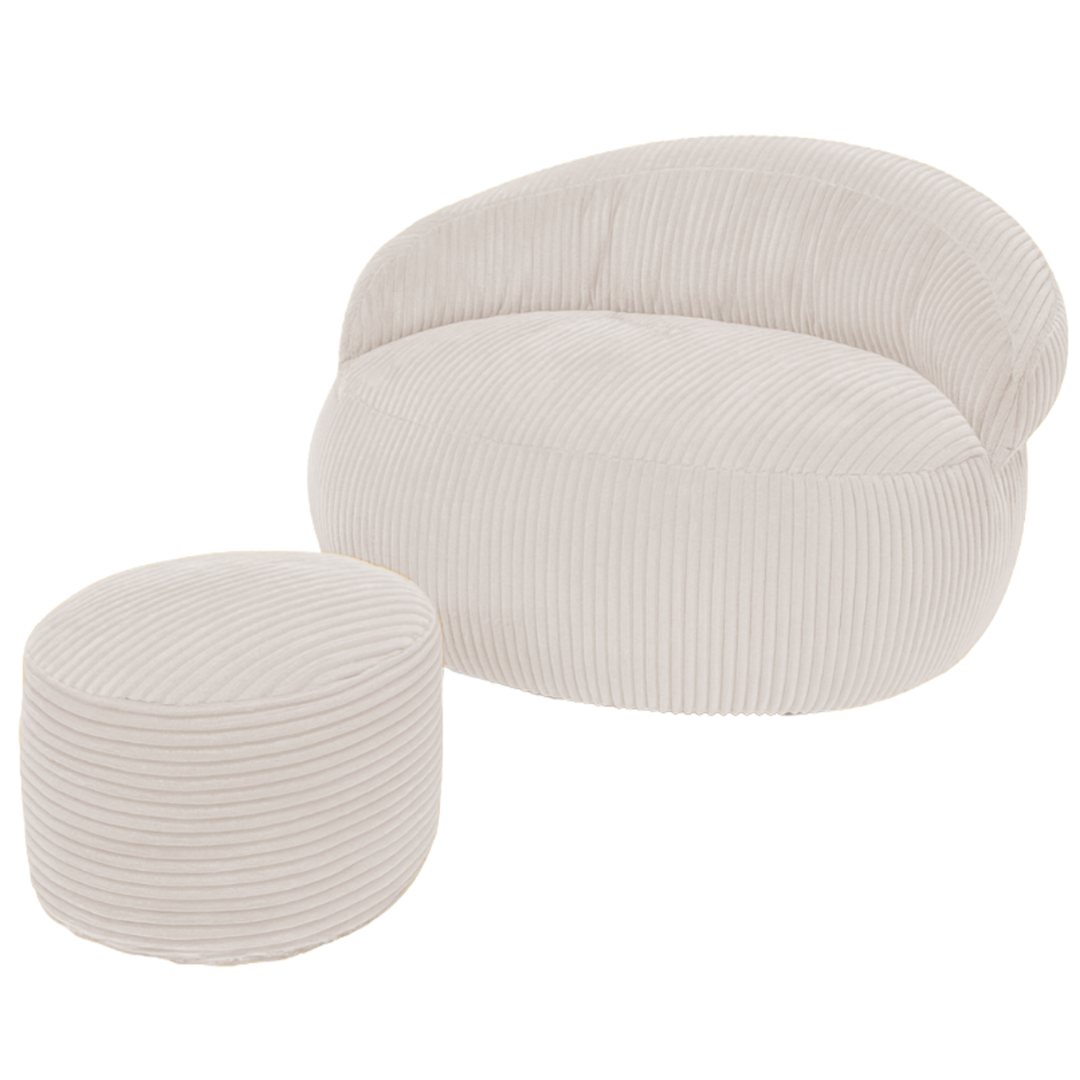 Pouf XXL velours côtelé beige clair avec repose-pieds assorti, forme ronde.