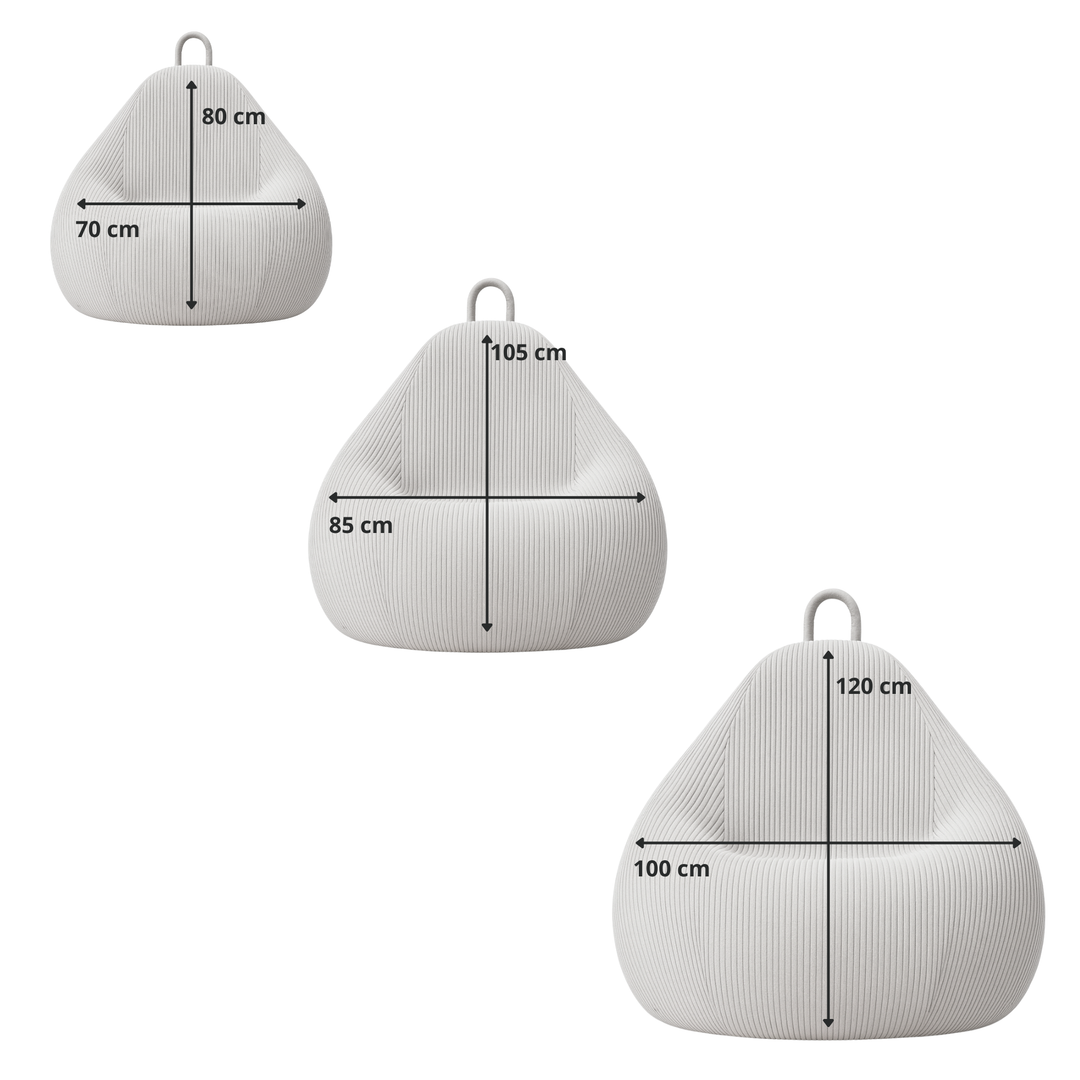Schéma des dimensions du pouf poire déhoussable en velours côtelé : (80x70, 85x105, 100x120 cm).