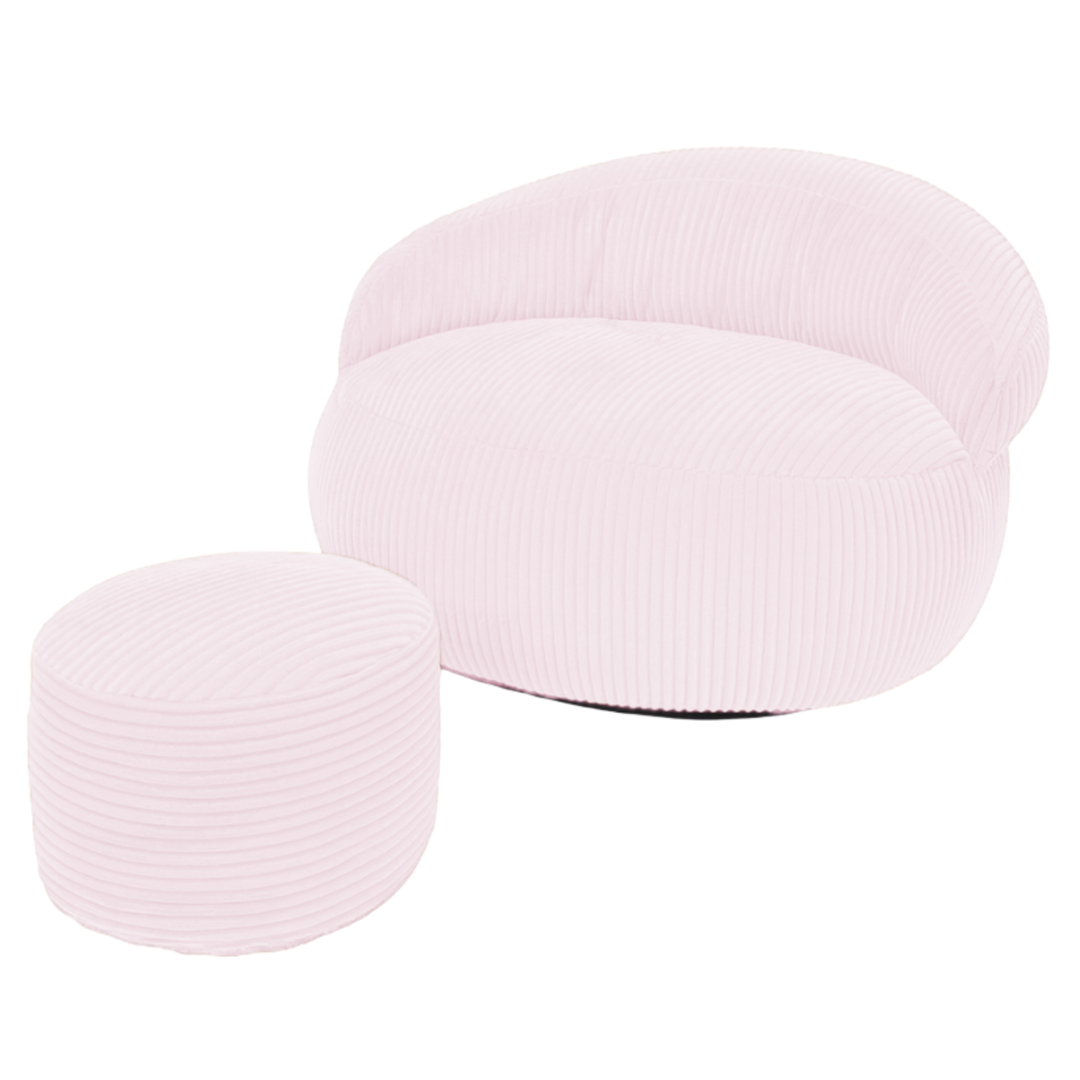 Pouf XXL en velours côtelé rose pâle, avec repose-pieds rond assorti