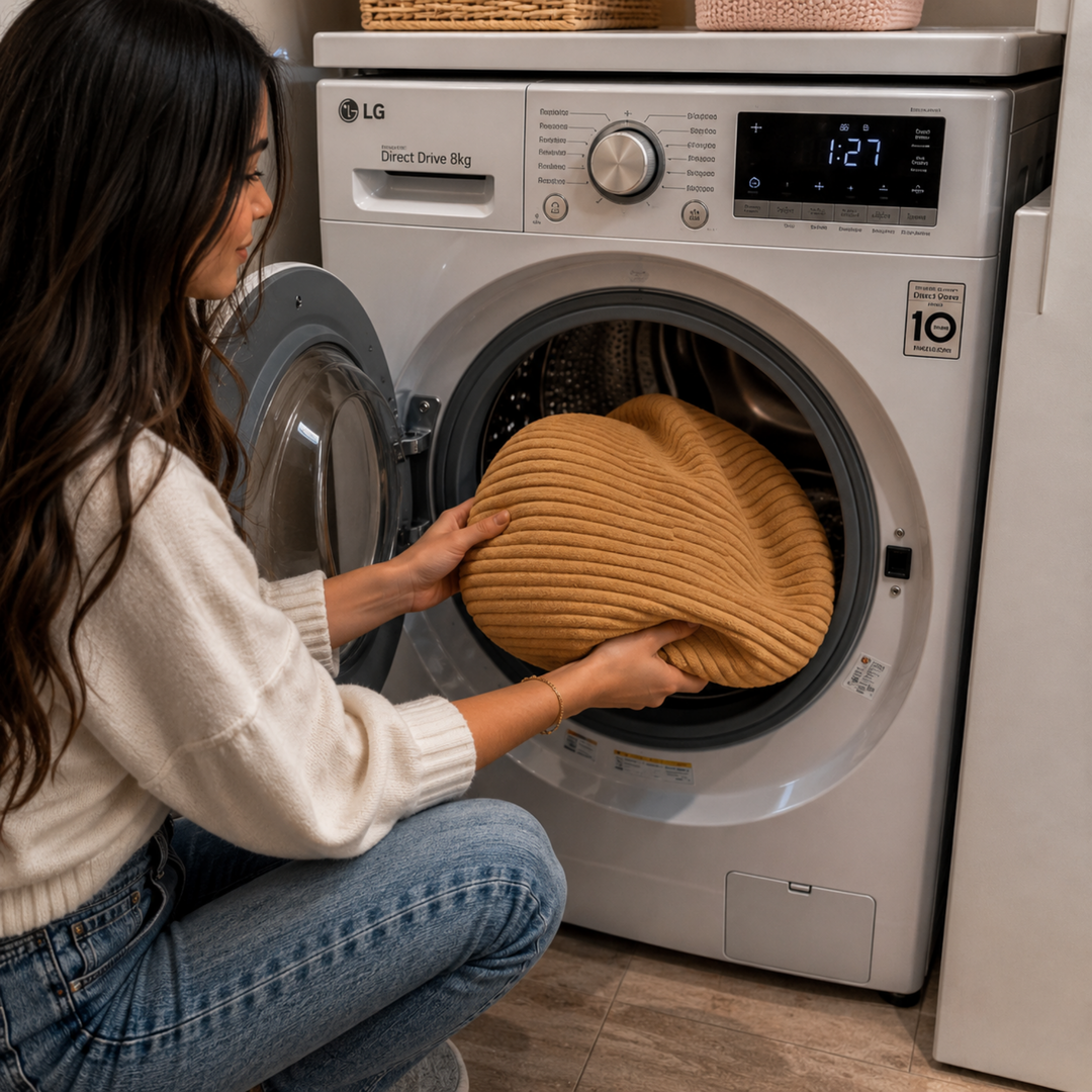 Housse amovible du pouf XXL en velours côtelé, mise dans un lave-linge