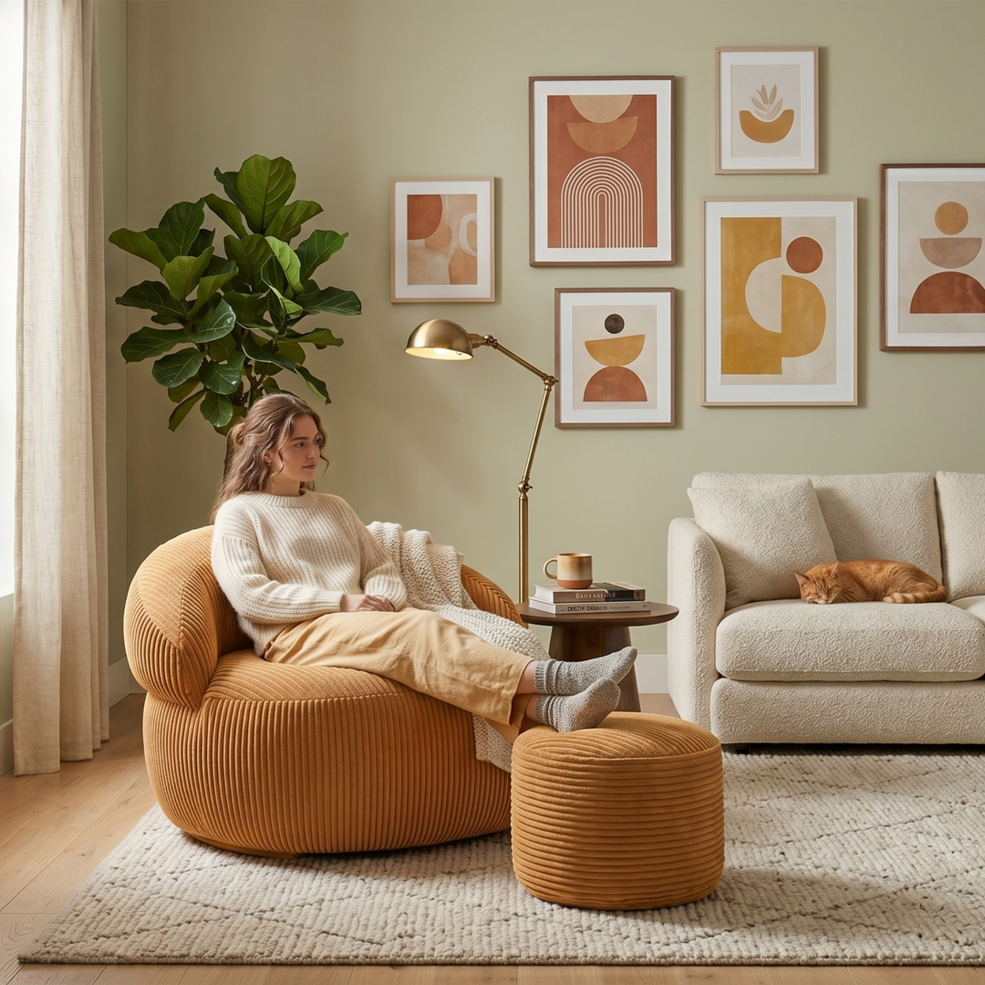 Personne assise confortablement sur un pouf XXL en velours côtelé avec repose-pieds, dans un salon