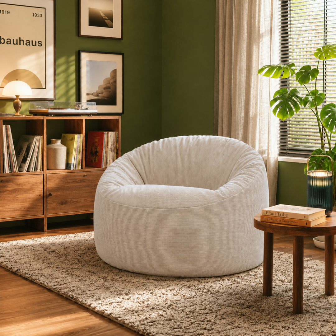 Pouf rond en velours côtelé beige, installé sur tapis dans un salon.
