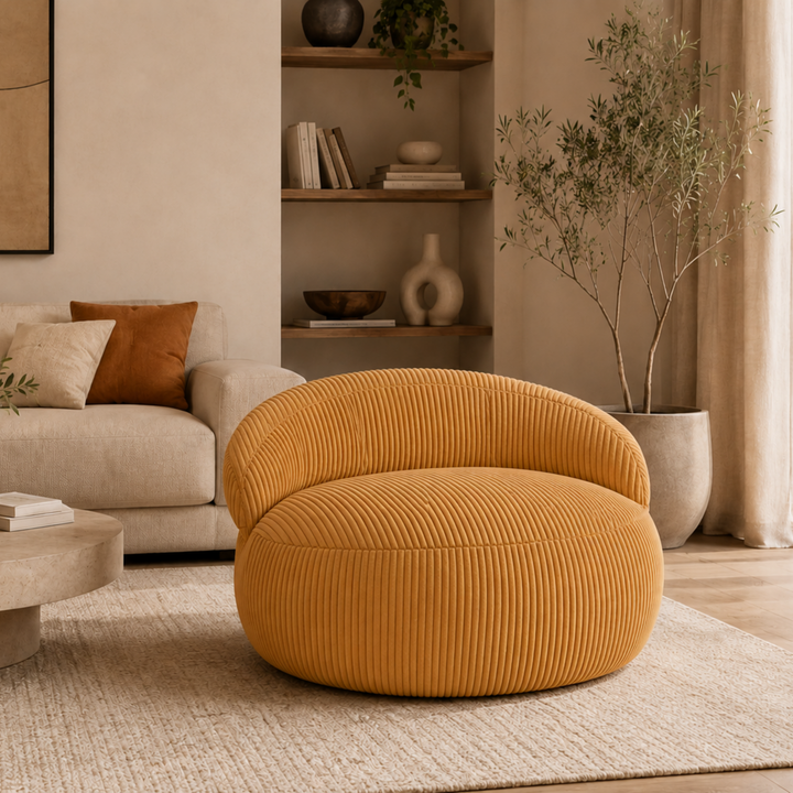 Pouf XXL déhoussable en velours côtelé jaune moutarde, forme ronde, dossier rembourré, dans un salon.