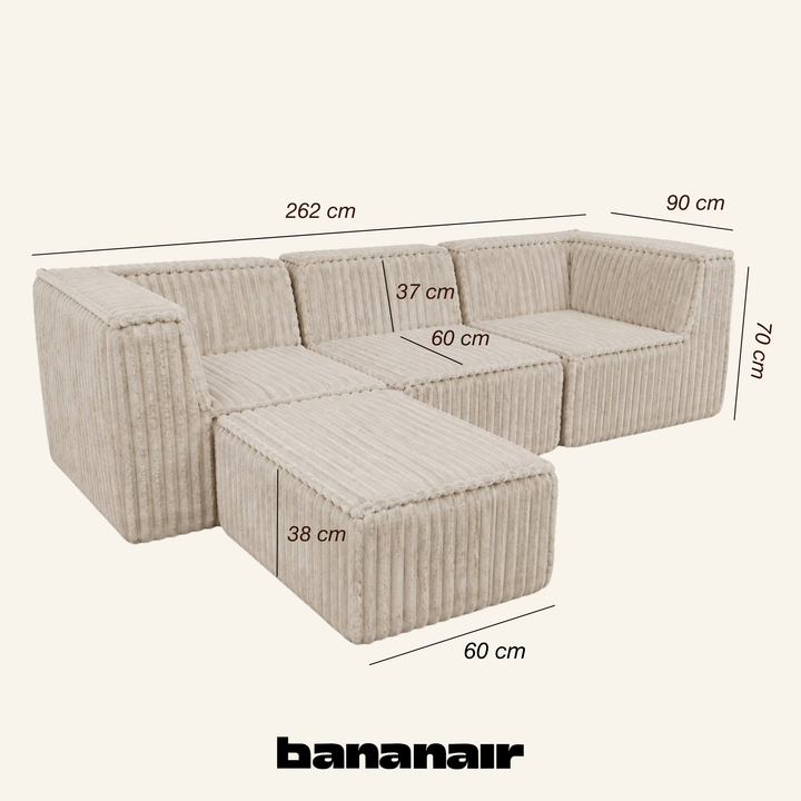 Canapé modulable beige avec méridienne, dimensions 90 × 262 cm (3 places).