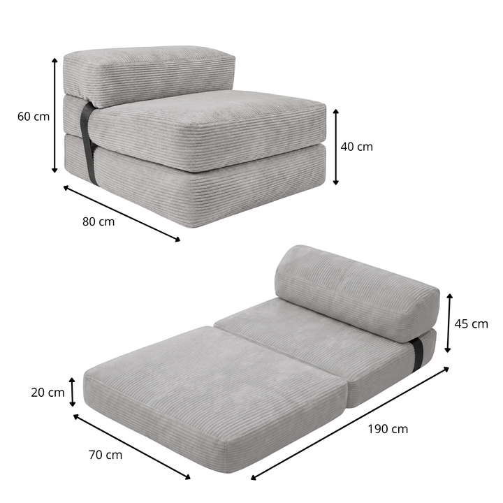 Chauffeuse d’appoint grise, dimensions 70 cm x 190 cm et hauteur indiquée