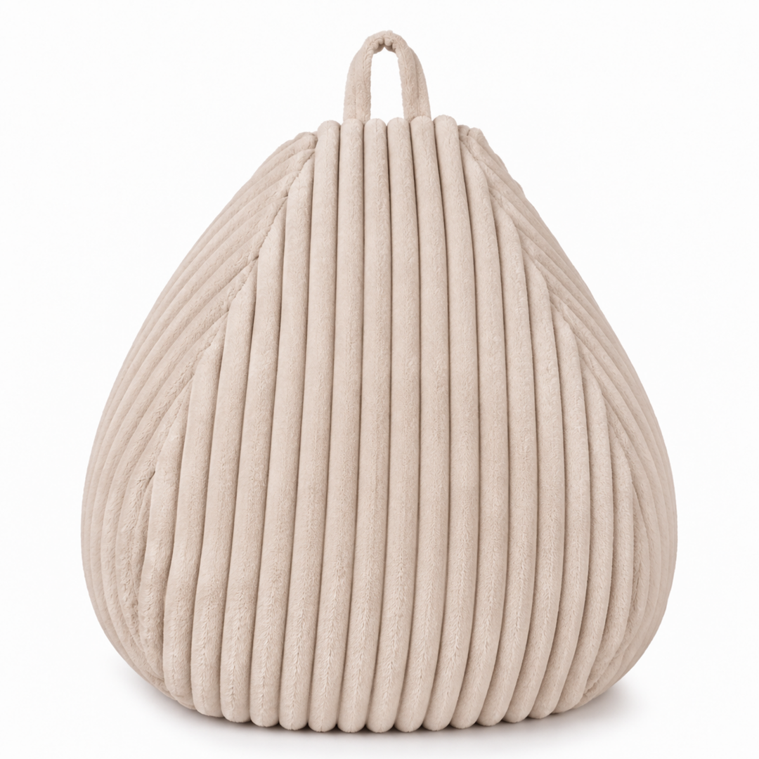 Pouf poire déhoussable en fourrure côtelée beige clair, vue de face avec poignée