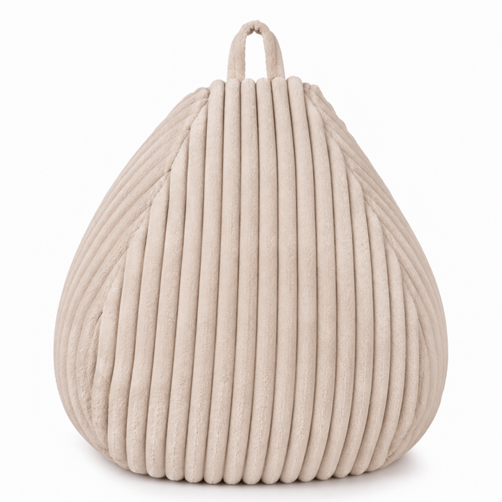 Pouf poire déhoussable en fourrure côtelée beige clair, vue de face avec poignée