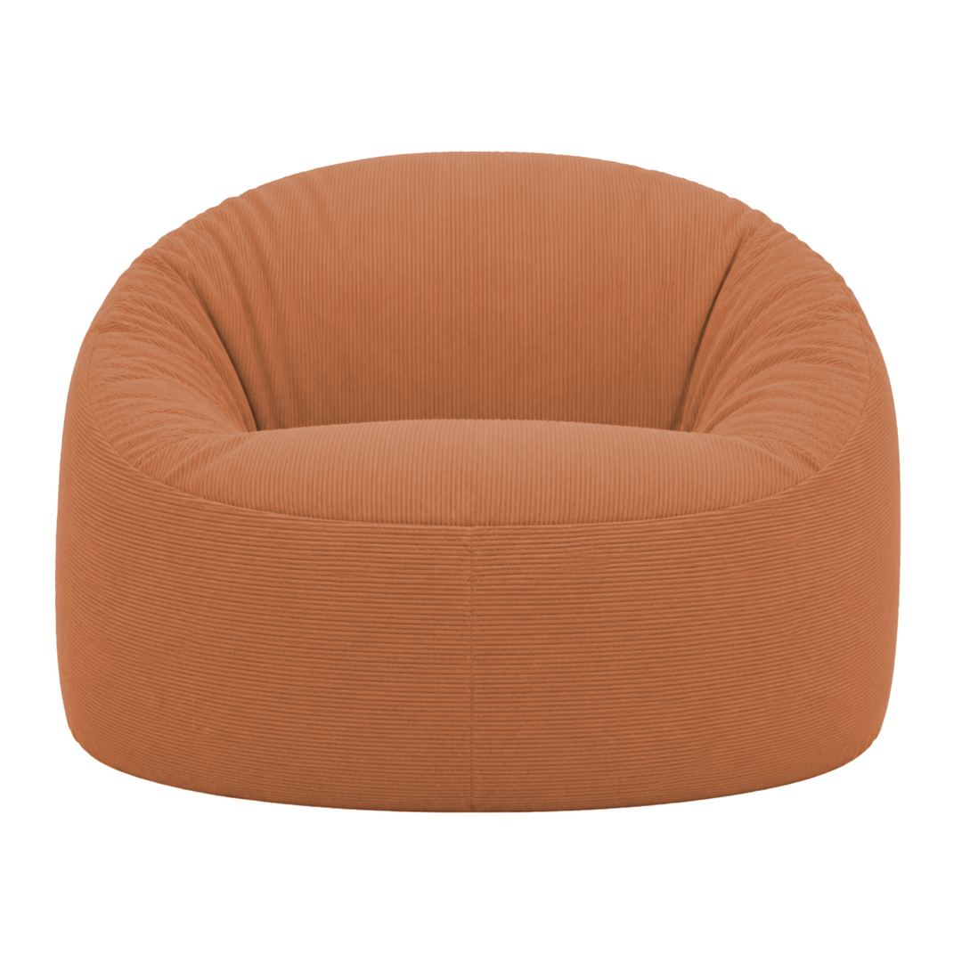 Pouf déhoussable en velours côtelé terracotta, assise ronde et dossier rembourré.