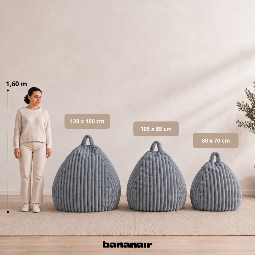 Ensemble de poufs poires fourrure côtelée déhoussables avec tailles visibles: 80x70, 105x85, 120x100 cm