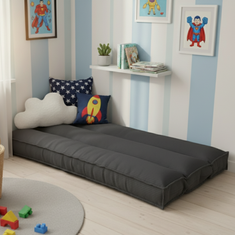 Futon déhoussable gris foncé 90 x 190 cm, matelas velours côtelé