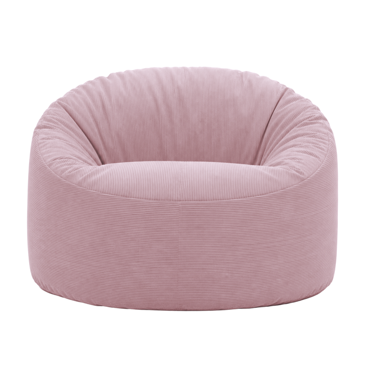 Pouf rond en velours côtelé, assise rembourrée avec dossier arrondi, vue de face