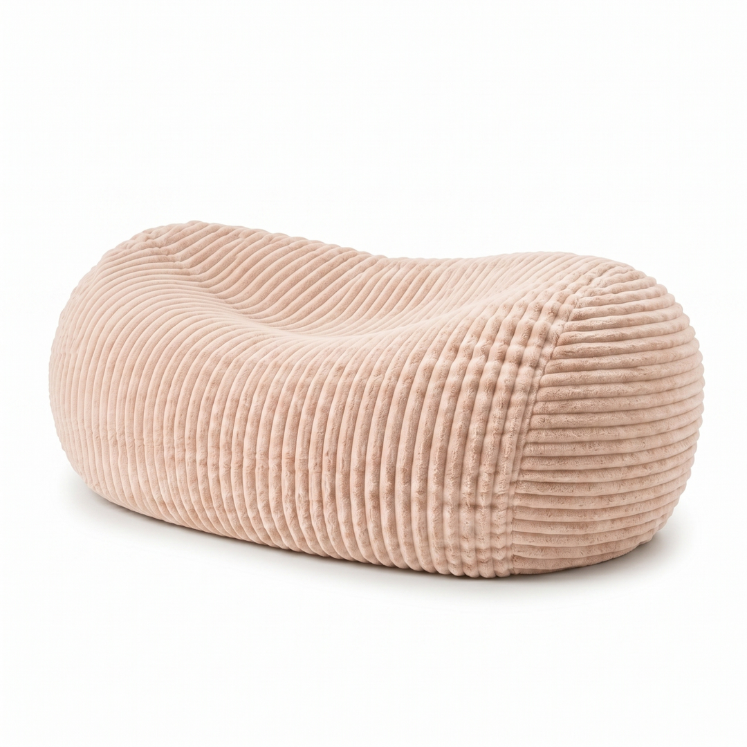Pouf long géant déhoussable beige en fourrure côtelée