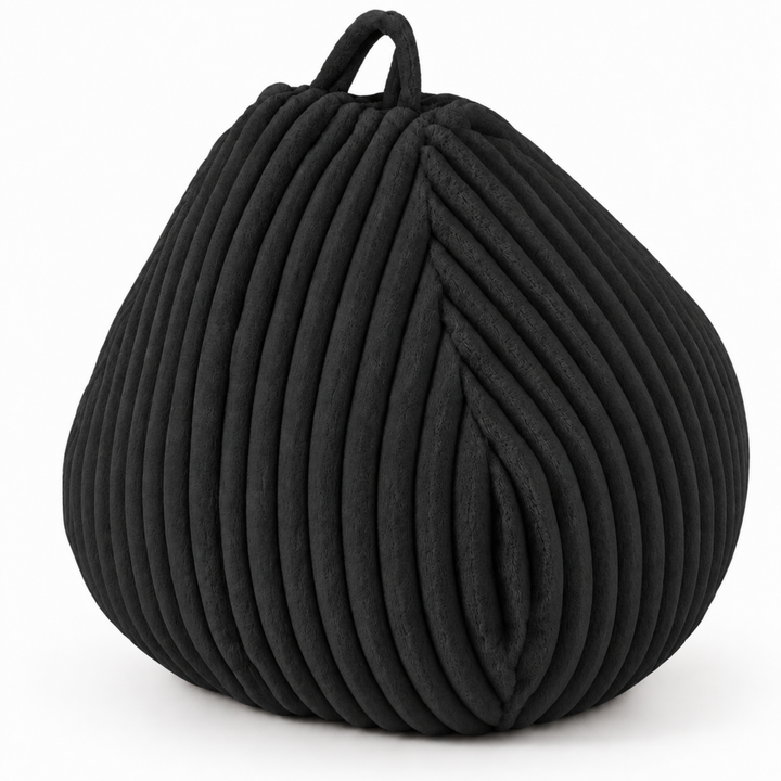 Pouf poire noir en fourrure côtelée, poignée supérieure.