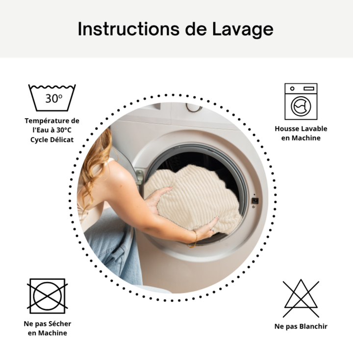 Pictogrammes de lavage : housse lavable en machine à 30 °C, sans blanchiment.