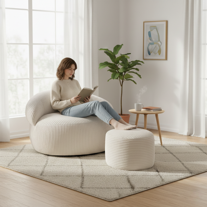 Personne assise confortablement sur un pouf XXL en velours côtelé avec repose-pieds, dans un salon