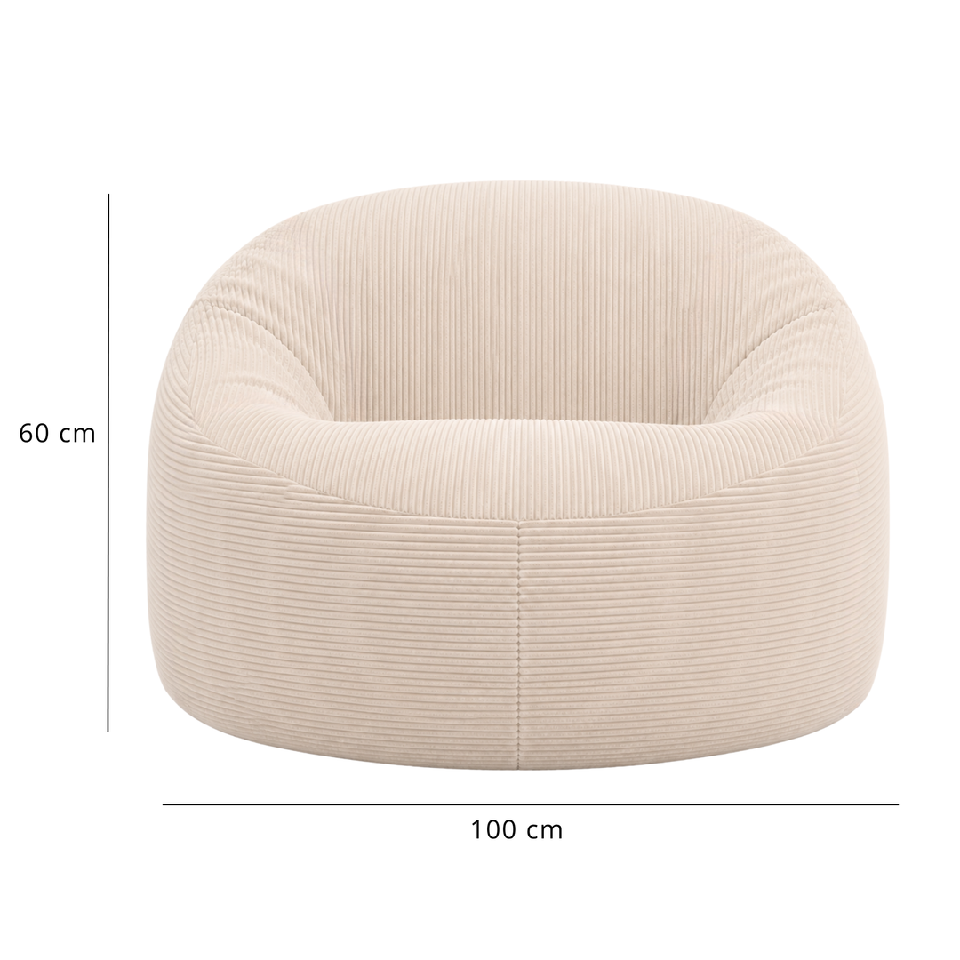 Pouf déhoussable en velours côtelé, vue de face avec dimensions