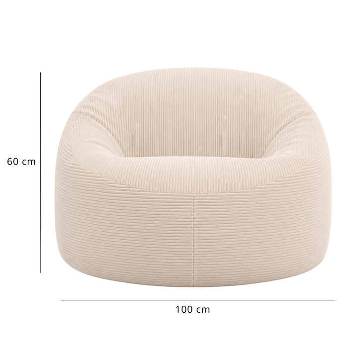 Pouf déhoussable en velours côtelé, vue de face avec dimensions