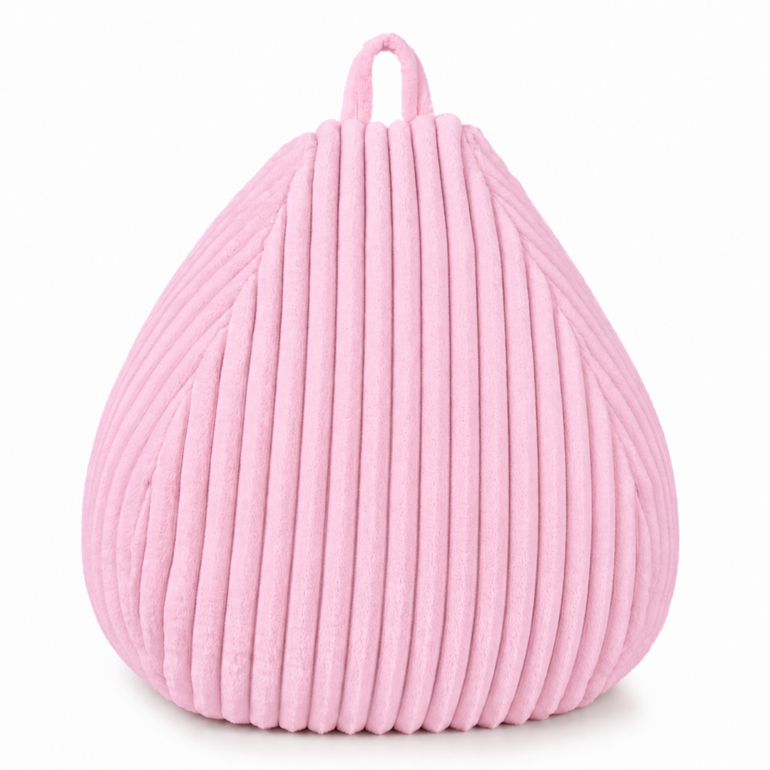 Pouf poire rose en fourrure côtelée, poignée en haut, housse amovible.