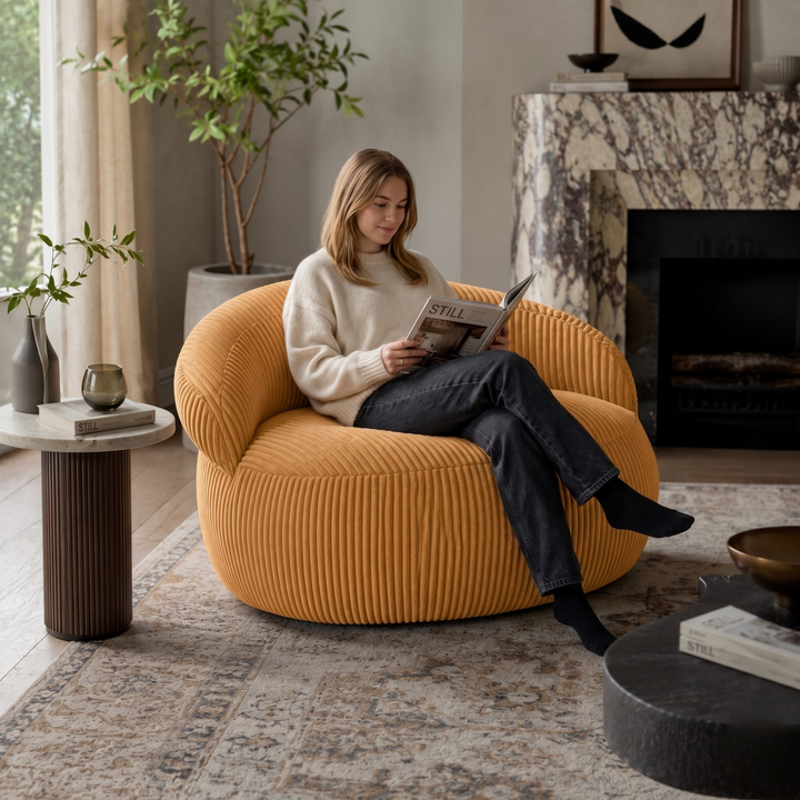 Personne assise sur un pouf XXL en velours côtelé, dans un salon