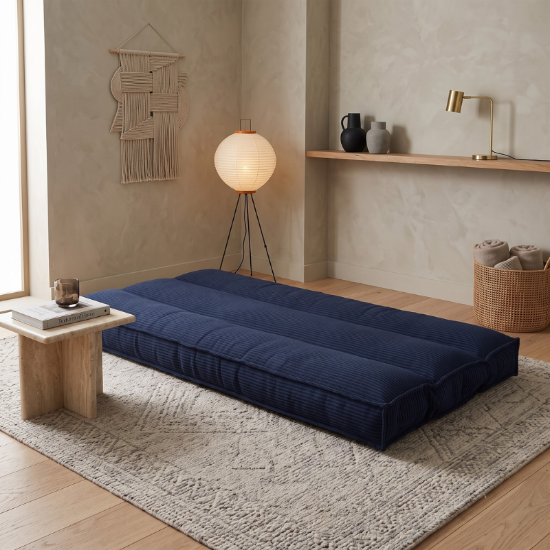 Futon déhoussable bleu foncé déplié, couchage 90 x 190 cm, tissu velours côtelé.