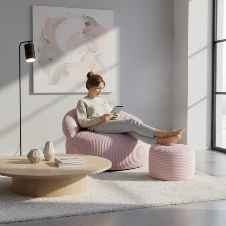 Personne assise confortablement sur un pouf XXL en velours côtelé avec repose-pieds, dans un salon