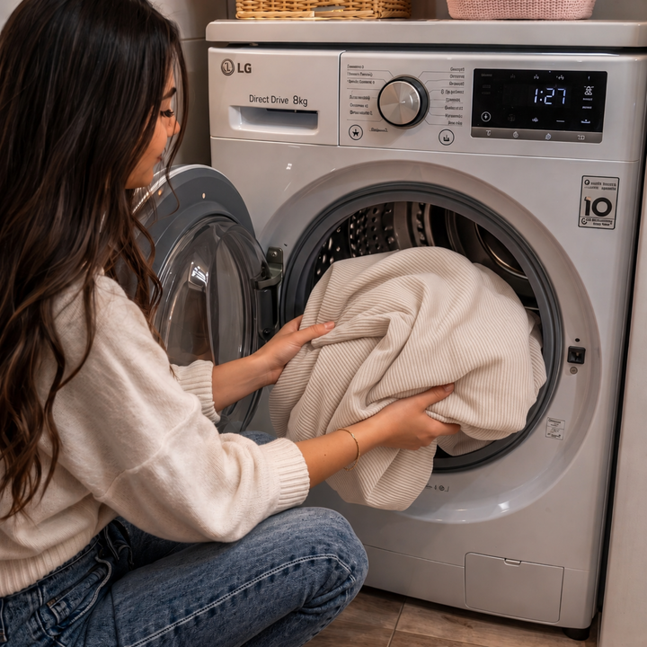 Housse de pouf déhoussable en velours côtelé épais, placée dans un lave-linge