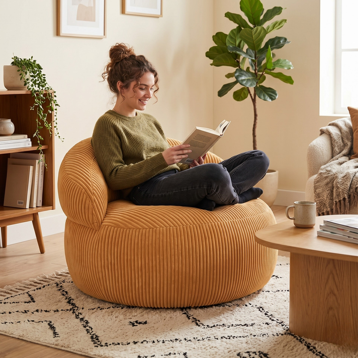 Personne assise sur un pouf XXL en velours côtelé, dans un salon