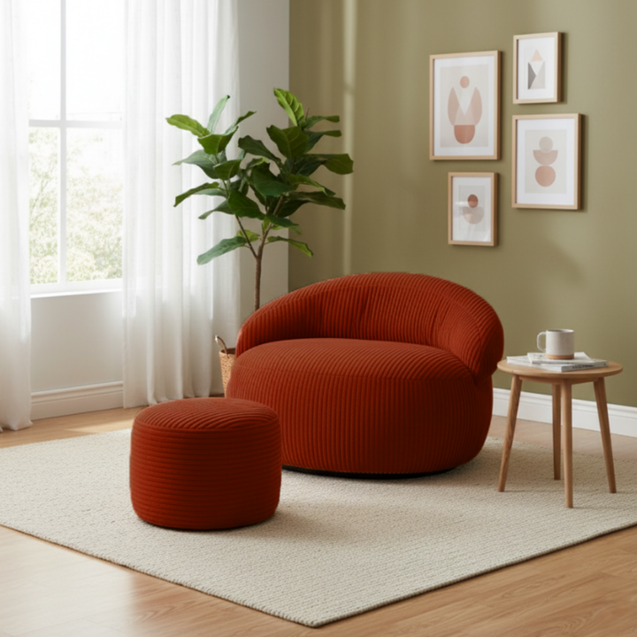 Pouf XXL velours côtelé rond avec repose-pieds assorti, rouge brique.