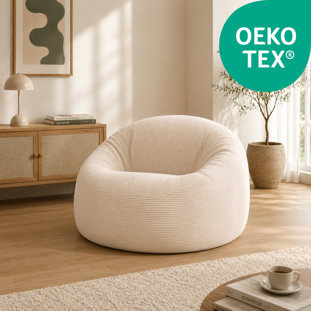 Pouf déhoussable en velours côtelé épais blanc cassé, forme ronde avec accoudoirs, tissu OEKO-TEX.