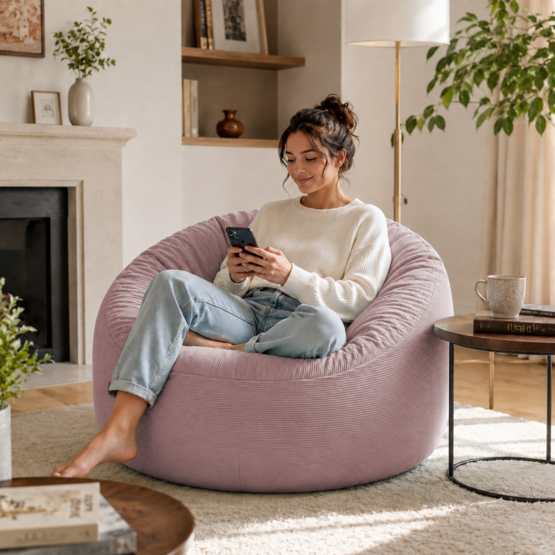 Personne assise dans un pouf rond en velours côtelé, dans un salon