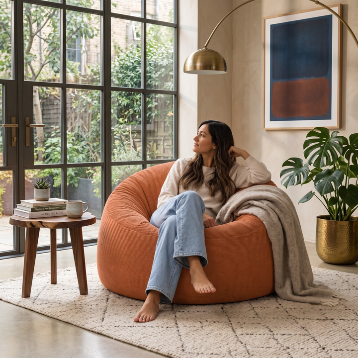 Personne assise sur un pouf déhoussable 100 cm en velours côtelé, dans un salon.